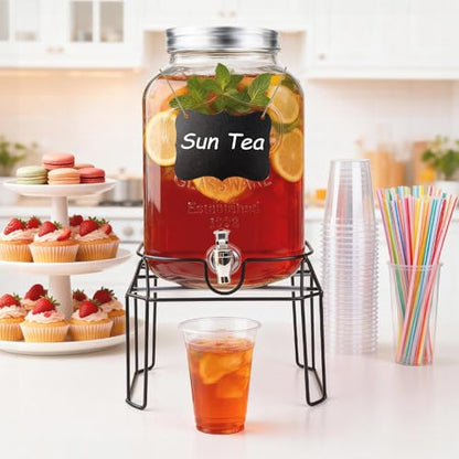2 Gallon Glass Drink Dispensers For Parties,Beverage Dispenser with Stand,Fruit Infuser,Mason Jar Water Dispenser for Juice/Tea,Lemonade Dispenser for Parties,BPA Free Clear Water Pitcher with Spigot - size: 2 Gallon With Stand