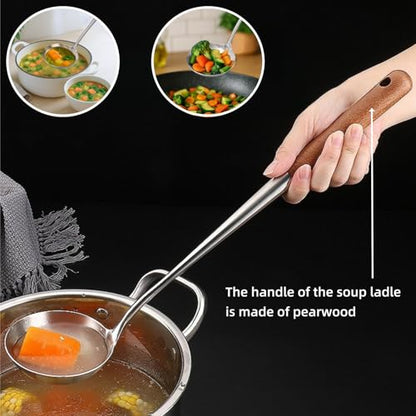 Soup Ladle, Ladle, 16.14 Inches Stainless Steel Ladle, Wooden Ladle Spoon for Cooking Serving, 4.5 Ounce