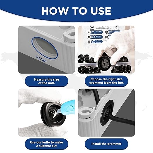 55Pcs Double-Sided Rubber Grommets kit in 6 Assorted Sizes 5/8",13/16",7/8",1",1-3/16",1-1/2"- Round & Waterproof Rubber Grommet - Ideal Solution for Wire Protection - size: 6 Sizes-55pcs
