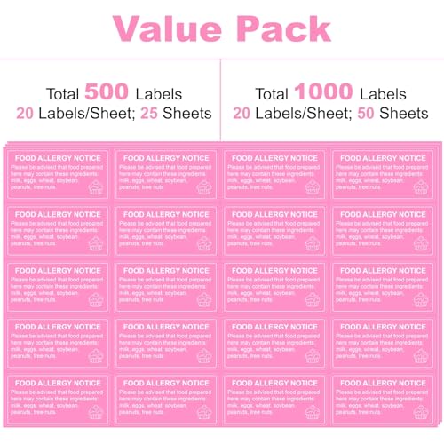 500 Pcs Food Allergy Stickers, 1x2 Inch Labels for Bakery, Cookie, Kitchen