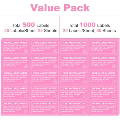 500 Pcs Food Allergy Stickers, 1x2 Inch Labels for Bakery, Cookie, Kitchen