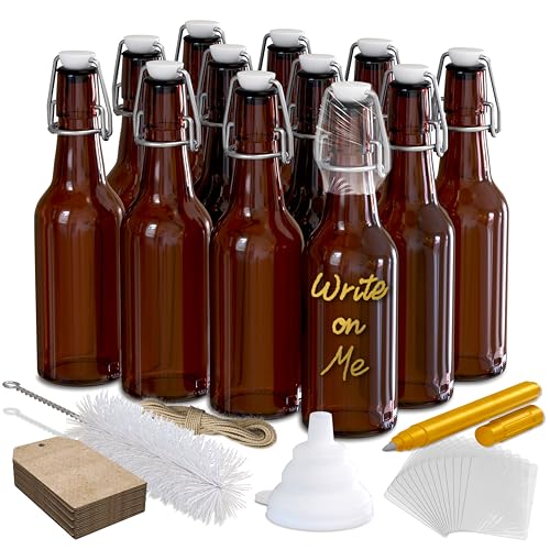Nevlers 8.5 Oz Amber Swing Top Glass Bottles with Airtight Lid 12 Pack | Small Beer Bottle Set | Flip Top Glass Bottle w/ Funnel, Brush, Marker, Tags & Shrink Wrap | Homemade Vanilla Extract Bottles - size: 12 Pack, style: 8.5 Ounce