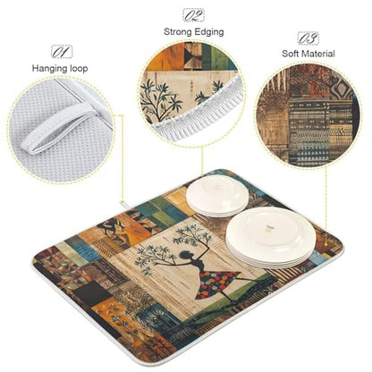 Woman Tree Artwork Dish Drying Mat for Kitchen Counter Super Absorbent Draining Mat with Non-slip Backed Drainer Mat for Dish Bottles Cups Bowl Sinks Countertops Draining Racks