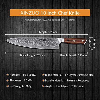 XINZUO 10 Inch Damascus Chef Knife Kitchen Knife Sharp Gyuto Knife Stainless Steel Fashion Professional Chef's Knife with Rosewood Handle - size: 10 inch Chef Knife