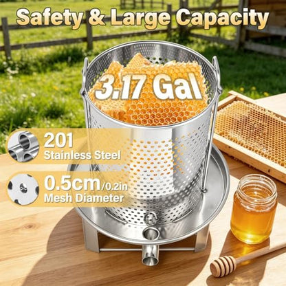 Manual Honey Press Extractor 3.17 Gal 201 Stainless Steel Honeycomb Spinner with Ergonomic T-Handle & Reinforced Tripod Base 0.2" Mesh Detachable Honey Spinner Extractor for Beekeeping Juice Making