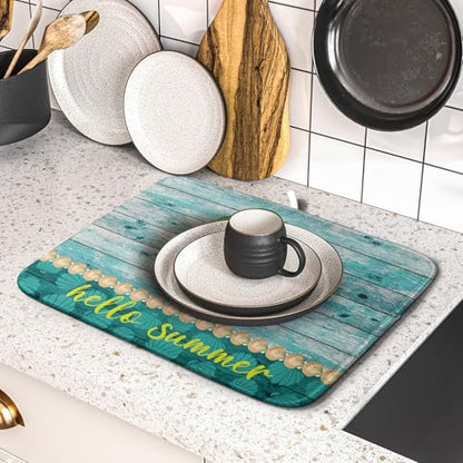 Hello Summer Dish Drying Mat for Kitchen Counter,Sea Shell Starfish Coastal Wreath Drying Mat 16 x 18 Inch with Absorbent Reversible Microfiber Drying Pad for Coffee Bar - size: 16" x 18"