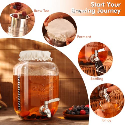1 Gallon Kombucha Starter Kit, Glass Kombucha Jar with Spigot and Stainless Steel Mesh Filter Fermentation Kit for Home Brewed Kombucha Bottles, Includes Test Strips, Measuring Cups, Cloth Top | 1 Gal kombucha kit for home fermented tea. Spigot, filter &