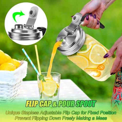 Mason Jar Pour Spout Lid Stainless Steel with Handle, Wide Mouth Pour Spout Flip Cap Lids for Mason Jars, Anticracking Leak Proof Seal Cover Airtight for Drinking Salad Dressing & Food Storing(2PCS) - style: Wide Mouth Stainless Steel Lid with Handle 2 PC