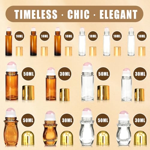 14 Pack Rose Quartz Roller Bottles for Essential Oils, 50ml Refillable Amber Glass Roll On Bottles with Natural Crystal Roller Balls, Leak-Proof Travel Perfume Bottle with Gold Caps - size: 14 Pack