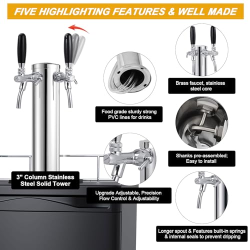 FERRODAY Upgraded Long Shank Adjustable Faucet Kegerator Tower Dual Faucet Beer Tower Double Tap Beer Tower Dispenser Beer Tap Kegerator Parts Pre-assembled Lines 3" Keg Tower Beer Keg Tap - size: Adjustable Dual Tap-Brass Faucet