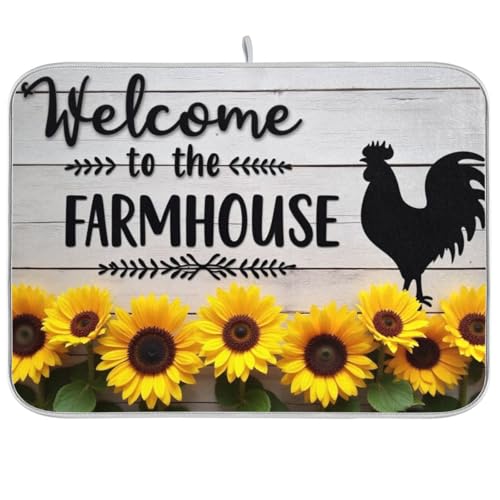 Dish Drying Mat for Kitchen Farmhouse Sunflower Wooden Counter 18 x 24 inch-Absorbent Microfiber Dish Mat, Reversible Drying Pad Dish Drainer Rack Mats for Countertop Fast Dry - color: Sunflower, size: 18x24in