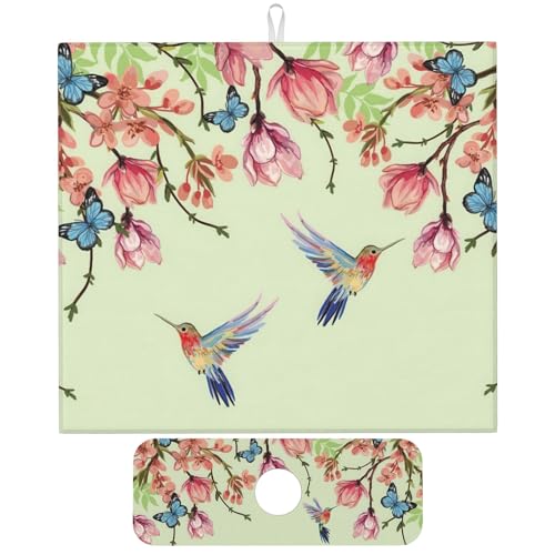 Bird Floral Flowers Dish Drying Mat for Kitchen Counter, 16"x18" Microfiber Absorbent Fast Dry Mat, 2Pcs Dish Mat Faucet Mats Sets, Large Drying Kitchen Mat Kitchen Drying Pad Coffee Bar Decor Gifts - color: Bird Floral Flowers, size: 16"X18"