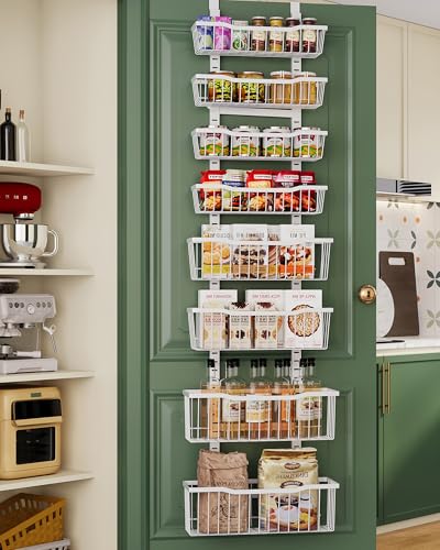 Eastherry Over The Door Organizer，8-Tier Over The Door Pantry Organizer with Adjustable Baskets，Metal Hanging Pantry Organizers and Storage for Kitchen, Back of Door Seasoning Rack (White) - color: White