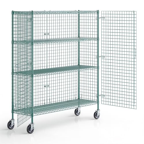 18" x 60" x 69" NSF Heavy Duty Mobile Green Epoxy Wire Shelves with Security Cage Kit, 4 Tier Metal Commercial Storage Rack with Wheels - color: Green, size: 18" x 60" x 69" with Wheels