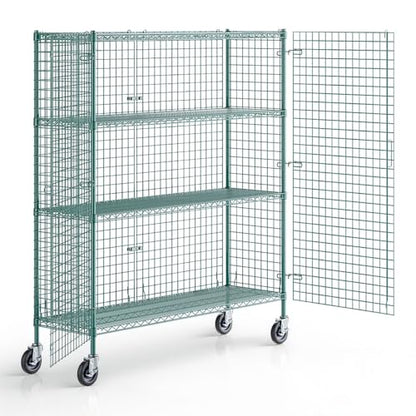 18" x 60" x 69" NSF Heavy Duty Mobile Green Epoxy Wire Shelves with Security Cage Kit, 4 Tier Metal Commercial Storage Rack with Wheels - color: Green, size: 18" x 60" x 69" with Wheels
