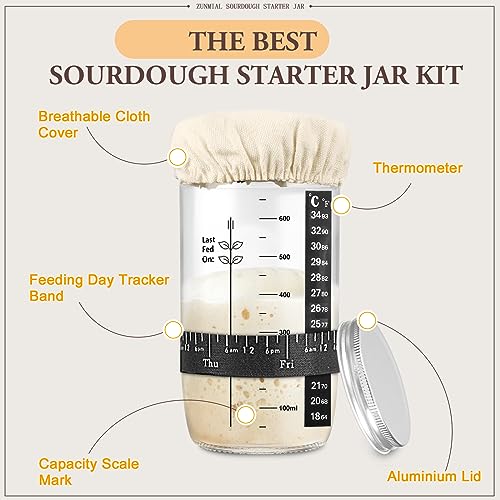 zunmial Sourdough Starter Jar, 24 oz Sourdough Starter Kit with Date Marked Feeding Band, Thermometer, Cloth Cover & Metal Lid, Reusable Sourdough Bread Baking Supplies, Home Baking Supplies