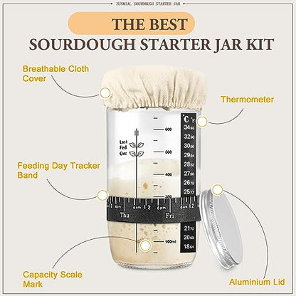 zunmial Sourdough Starter Jar, 24 oz Sourdough Starter Kit with Date Marked Feeding Band, Thermometer, Cloth Cover & Metal Lid, Reusable Sourdough Bread Baking Supplies, Home Baking Supplies