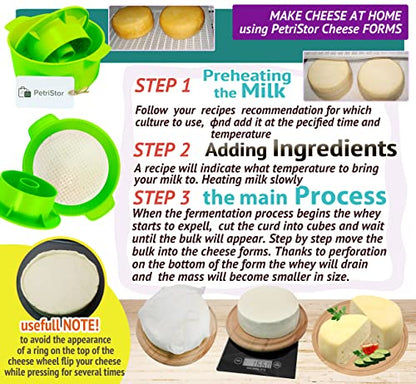 2 Pcs Cheese Mold for Cheese Making Cheese With Follower Piston Color Green - Cheesemaking Supplies - Cheese Form Mold - Cotton Cloth For Straining - Molde Para Queso Casero