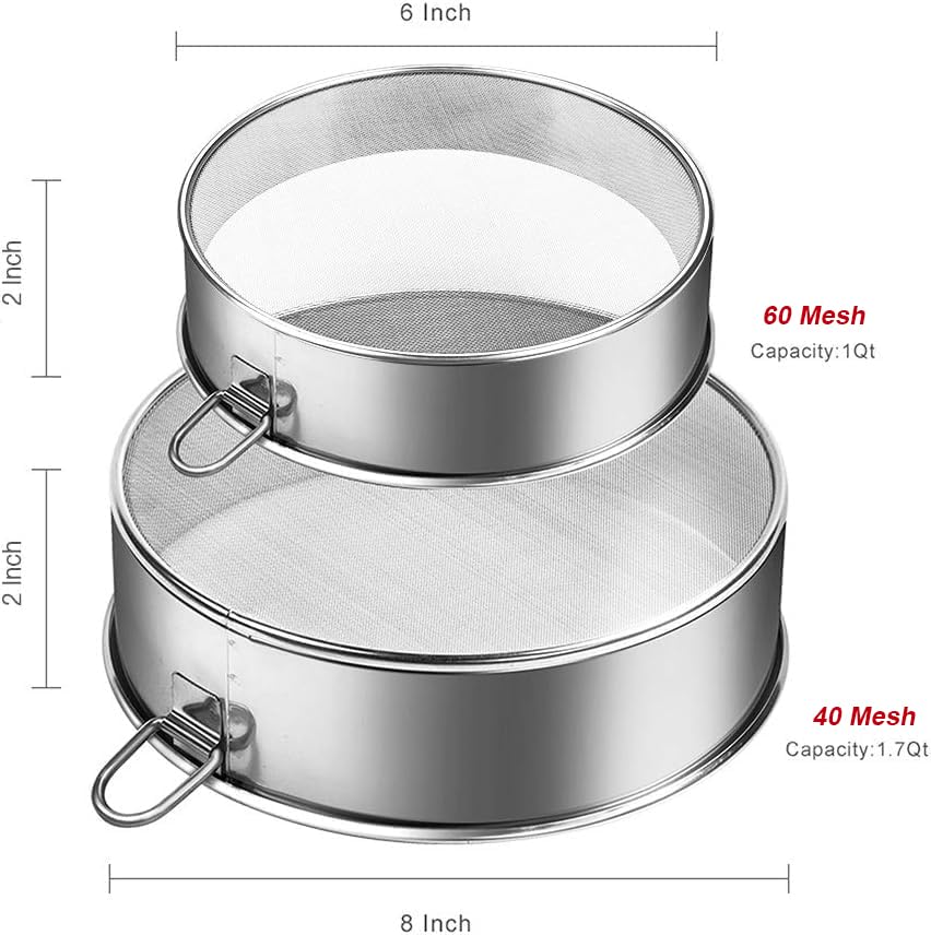 Webake Sieve 6-Inch 60 Mesh, 8-Inch 40 Mesh Sieves Fine Mesh Strainer Set of 2 Stainless Steel Sifter Round Flour Sieve for Baking Straining Powdering