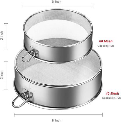 Webake Sieve 6-Inch 60 Mesh, 8-Inch 40 Mesh Sieves Fine Mesh Strainer Set of 2 Stainless Steel Sifter Round Flour Sieve for Baking Straining Powdering
