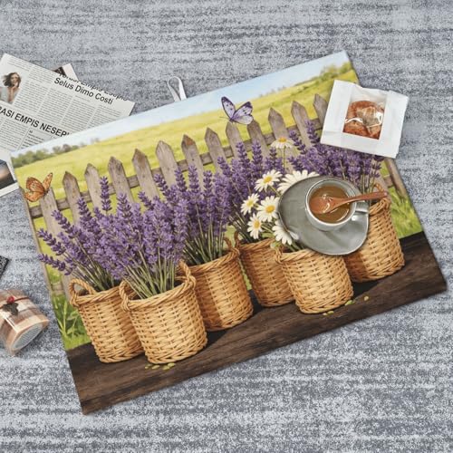Kitchen Drying Mat for Countertop Lavender Daisy Farmhouse Garden Pattern Non-Slip Kitchen Counter Mat for Dishes Glassware - color: Purple White