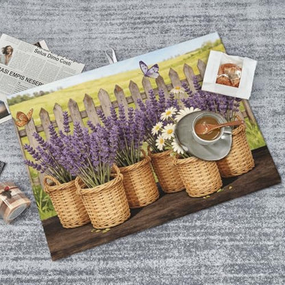 Kitchen Drying Mat for Countertop Lavender Daisy Farmhouse Garden Pattern Non-Slip Kitchen Counter Mat for Dishes Glassware - color: Purple White