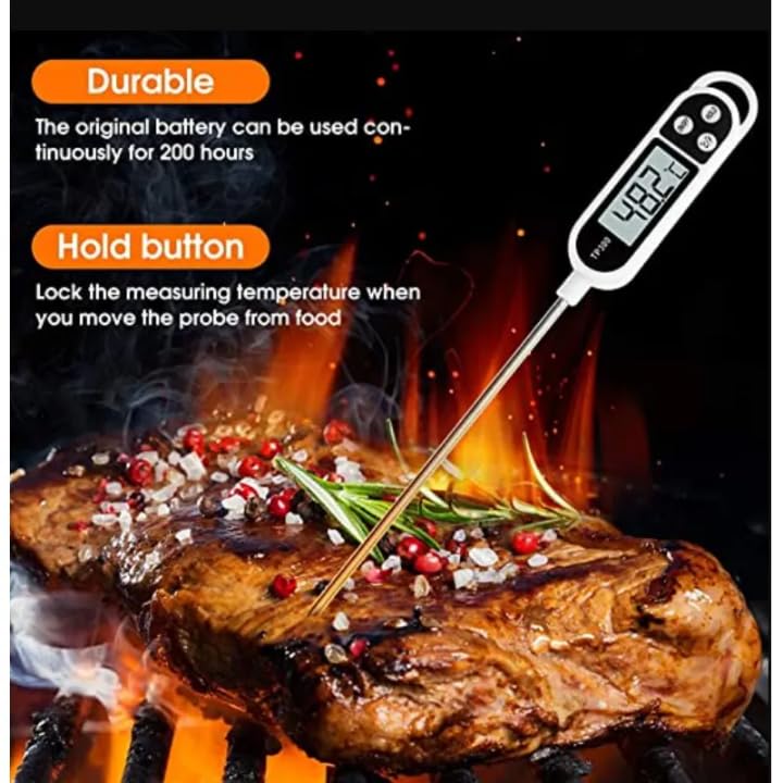 Digital Food Thermometer – Instant Read Meat Probe with LCD Display, °C/°F Switch, Long Stainless Steel Sensor for BBQ, Grill, Oven, Baking & Cooking Thermometer TP300 White - color: White