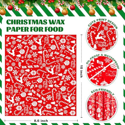 100 Pcs Christmas Wax Paper Sheets for Food, Sandwich Wrap Paper Deli Wraps, Waterproof Oil-proof Picnic Basket Liners with Snowflakes Candy Pattern for Kitchen Handmade Food(Red) - color: Red Candy