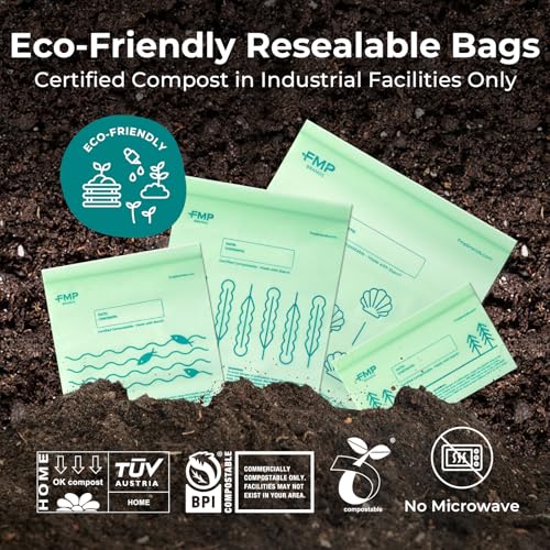 Fit Meal Prep 50 Pack 100% Compostable Food Storage Bags, 1 Gallon Freezer Bags, 10.6 x 11.5" Resealable Bag for Vegetables, Meat, Fruits, ASTM D6400, US BPI & EU OK Compost Certified - style: Gallon