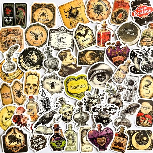 50PCS Gothic Apothecary Potion Stickers – Vintage Skull, Poison Bottles, Magic Spells, Spider, Occult Designs – Waterproof Vinyl Decals for Scrapbook, Journal, Planner, Halloween Decoration - color: Gothic Apothecary