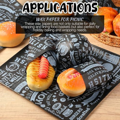 Outus 600 Pcs 12 x 12 Inch Deli Wax Paper Sheets Grease Resistant Tray Basket Liners Newsprint Paper Water and Grease Proof Sandwich Wrapping Square Hot Dog Wrappers for Food Baking (Black) - color: Black
