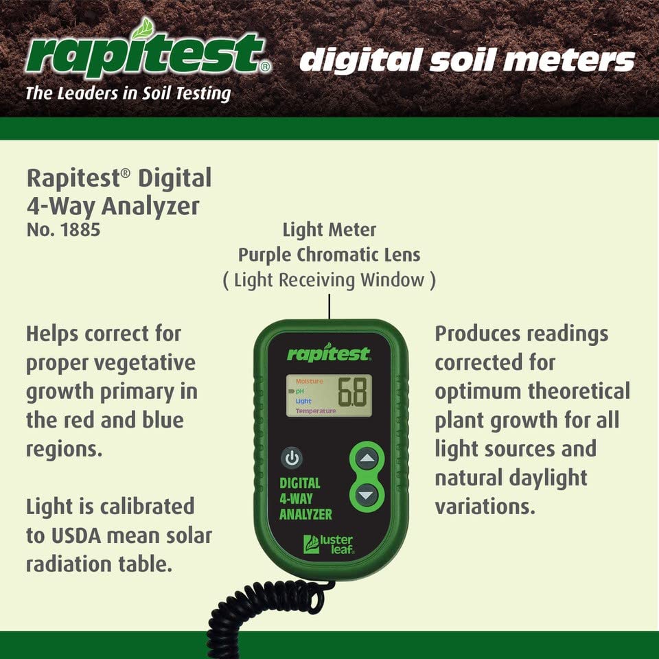 Luster Leaf Rapitest 4-Way Digital Soil Analyzer for pH, Moisture, Temperature, and Light – Designed and Engineered in the USA