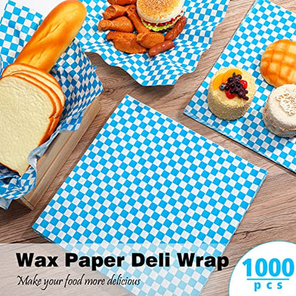 Spakon 1000 Sheets Wax Deli Paper Sheets for Food 12 x 12 Inch Checkered Dry Waxed Deli Basket Liners for Sandwich Wrapping, Food Basket Liners, Picnic party(Blue-white) - color: Blue-White