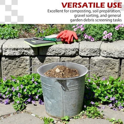Round Soil Sifter (1/4-inch Mesh) Stainless steel with handle for 5-Gallon Bucket,Commonly Used with Soil, Sand, Gravel, and Other Media，Easy to Feel, Galvanized Without Rusting
