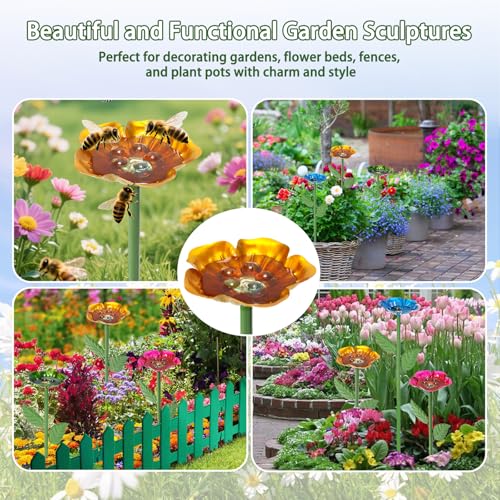 Bee Watering Station for Garden – 4 Pack Metal Flower Bee Bath with Decorative Bee, Butterfly Watering Station Cups with Glass Marbles – Butterfly Feeder for Outdoor Yard, Pollinator Water Feeder
