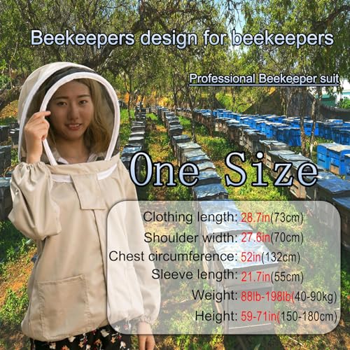 Bee Suit Beekeeper Jacket Long Sleeve Hood Pull Over, White Beekeeping Suit, with Hat Veil, Smock Protective Suit
