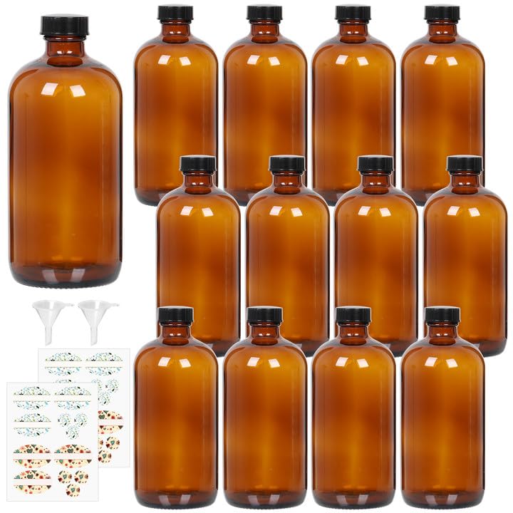 STARSIDE 12-Pack 16oz Amber Glass Bottles with Leakproof Lids | 480ml Round Boston Bottles UV-Blocking for Essential Oils, Hot Sauce, Juice, Liquids, Includes 2 Funnels, 12 Labels - size: L