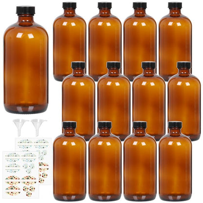 STARSIDE 12-Pack 16oz Amber Glass Bottles with Leakproof Lids | 480ml Round Boston Bottles UV-Blocking for Essential Oils, Hot Sauce, Juice, Liquids, Includes 2 Funnels, 12 Labels - size: L