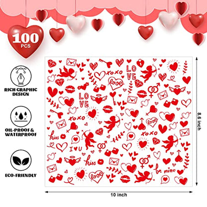 Valentine's Day Wax Paper for Food, 100 Pcs, 8.6 x 9.8 inches, Waterproof, Oil-proof, Sandwich Wrap, Candy Wrap, Picnic Basket Liners, Love Lock Pattern - color: Cupid