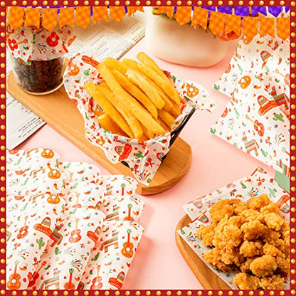 100 Pcs Fiesta Wax Paper for Food, Cinco De Mayo Wax Paper Sheets Deli Paper Sandwich Wrap Candy Wraps, Waterproof Oil-proof Picnic Basket Liners with Guitar Pattern for Kitchen Handmade Food(White) - color: Fiesta-white