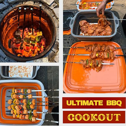 Collapsible Large (8L) BBQ Marinating Tub w/ Cutting Board | Multipurpose Food-Grade TPE Prep Tub w/ Lid | Built-In Colander & Drain Plug - For Camping | Tailgate | Picnic - Slate Black - size: Large