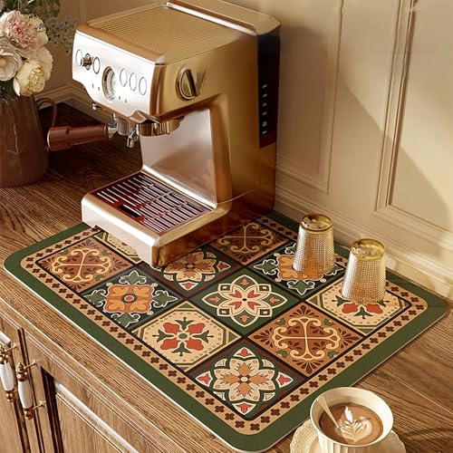 Coffee Mat, Boho Style Dish Drying Mat, Fast Water Absorption, Hide Stains, Easy to Clean, Fit Coffee Bar Accessories, Bar Mats for Countertop (16"x21", Green Checkered) - color: GN, size: 16" x 21"