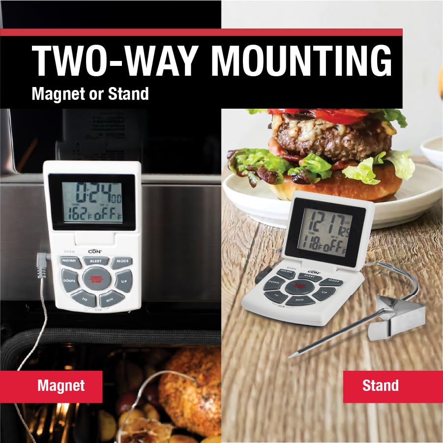CDN Digital Probe Cooking, Cooling Thermometer, Smoker Oven Grill Candy Deep Frying, Multifunctional Thermometer/Timer/Clock with Loud Alerts, Stainless Steel Probe/Pot Clip, White or Silver (DTTC-W) - color: White