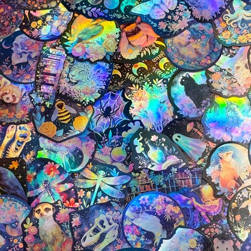 50PCS Holographic Nature Floral Aesthetic Stickers – Waterproof Vinyl Wildlife Animal & Celestial Fantasy Decals for Scrapbooking, Journaling, Laptop, Water Bottle Decoration - color: Holographic Nature