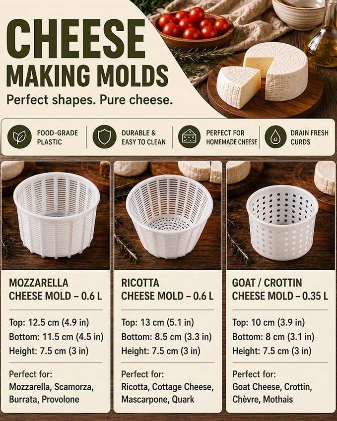 7 items Cheese making kit | Variouse cheese molds 0.25-0.6 kg for soft cheeses (7). Cheesemaking from Cow and Goat Milk. Cheese making supplies - size: Set of 7