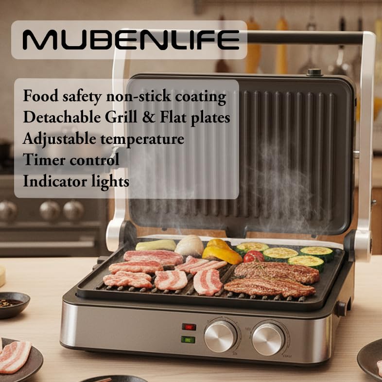 Panini Press,4 Slices Contact Grill with Removable Non-Stick Coated Grill and Flat Plates,Panini Makers with Temperature Control and Timer,Open 180 Degrees,Grill and Griddle (Silver wtih Full SUS) - color: Silver wtih Full SUS