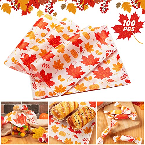 100 Pcs Thanksgiving Day Wax Paper Food Wraps - Sandwich Wrap Paper Deli Wraps, Waterproof Oil-proof Picnic Basket Liners with Maple Leaf Pattern for Kitchen Handmade Food - color: Maple Leaf