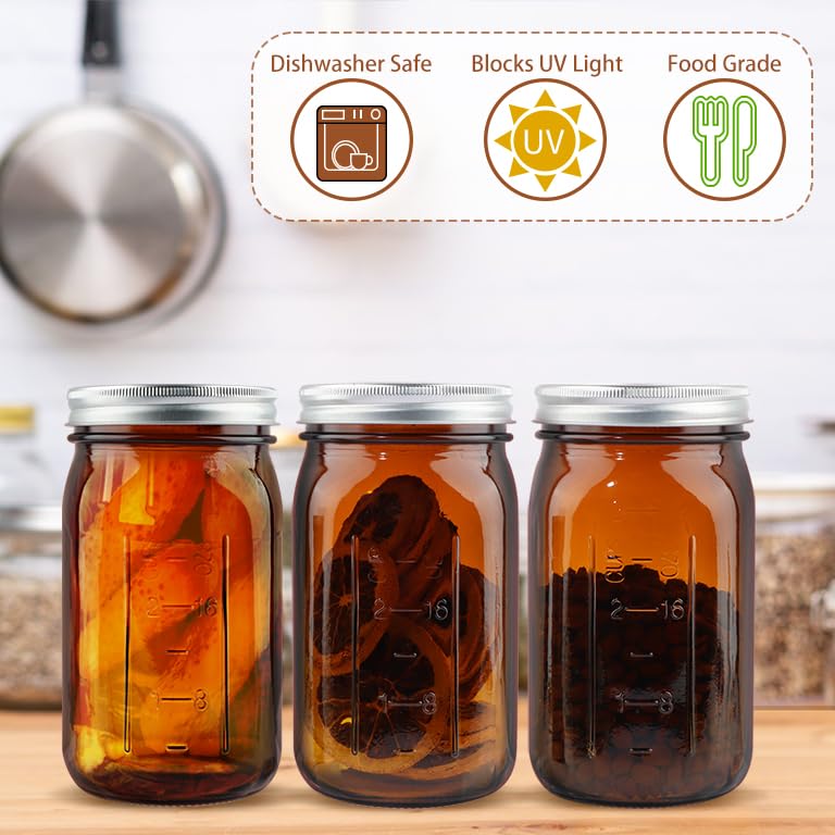 CARBLIN 2 Pack Mason Jars 32 oz, Amber Wide Mouth Canning Jars with Airtight Lids, Glass Pint Jars with Bands Labels Brush, Large Storage Quart Jars for Jam Fermenting Preserving - color: Amber