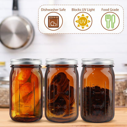 CARBLIN 2 Pack Mason Jars 32 oz, Amber Wide Mouth Canning Jars with Airtight Lids, Glass Pint Jars with Bands Labels Brush, Large Storage Quart Jars for Jam Fermenting Preserving - color: Amber