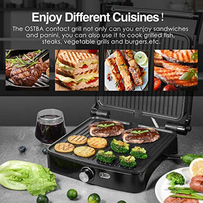 OSTBA Panini Press Grill with Adjustable Temperature, 4-Slice Indoor Grill, 180° Open Sandwich Maker with Drip Tray, Non-Stick Plates, Stainless Steel, 1200W - style: ABC19